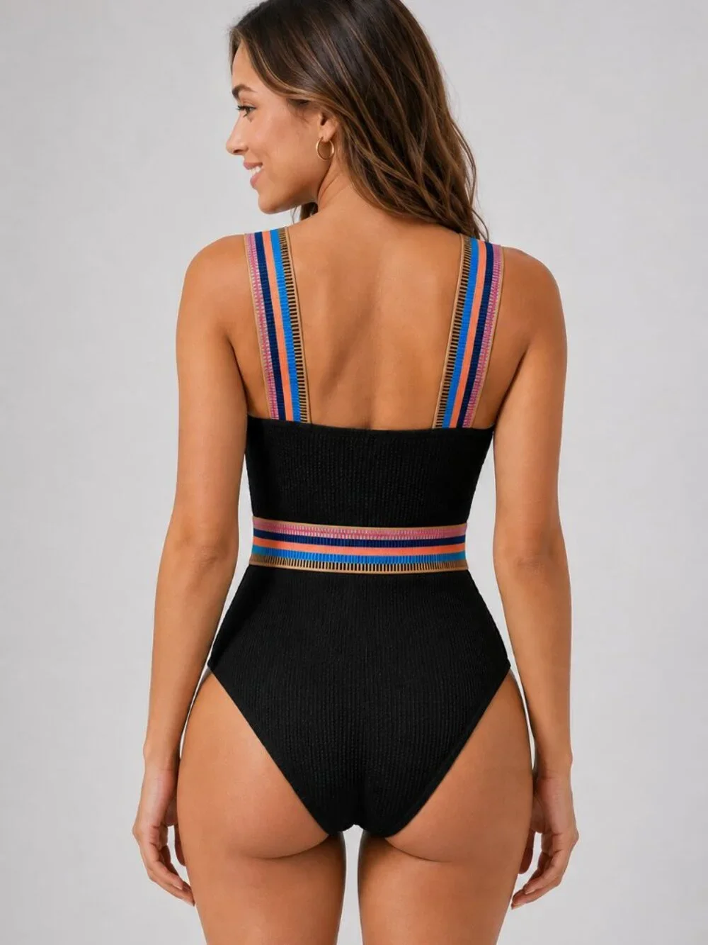 Cupshe Black Ribbed Striped One Piece Swimsuit Classic Coverage XS NWT